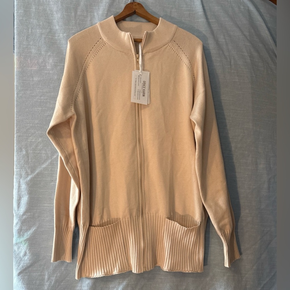 Grace Karin Cardigan Sweater Zip-Up Long Sleeve Cream Women’s Sz XL NWT